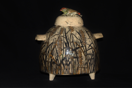 Red browed finch jar by Liz Ranger-Craven | Lethbridge 20000 2022 Finalists | Lethbridge Gallery