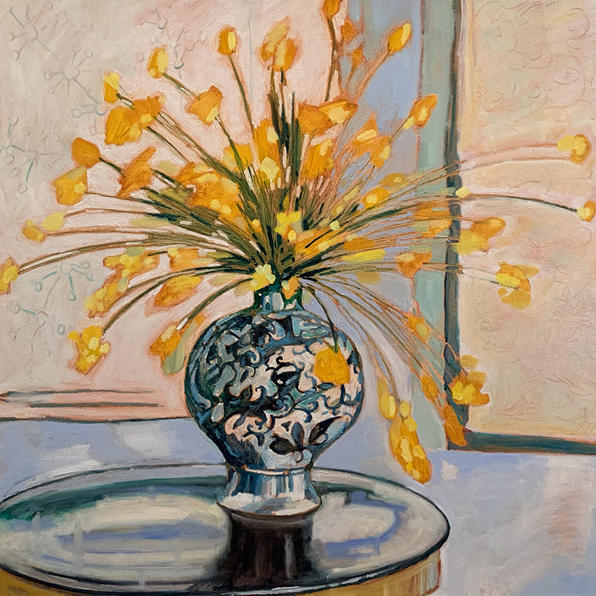 Yellow Flowers with Tapestries by Kerri Kerley | Lethbridge 20000 2022 Finalists | Lethbridge Gallery