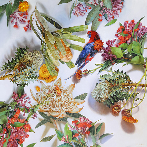 Crimson Rosella with Australian Native Flora by Lisa Christensen | Lethbridge Gallery