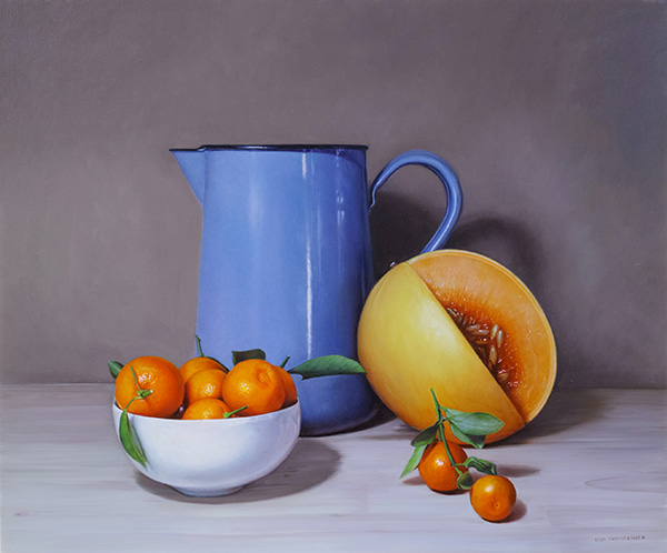 Cut Melon With Cumquats and Jug by Lisa Christensen | Lethbridge Gallery