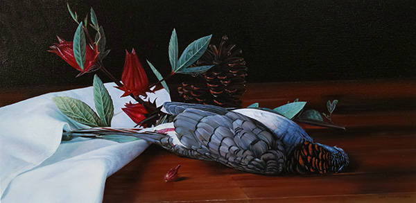 Bar-Shouldered Dove with Rosellas by Lisa Christensen | Lethbridge Gallery