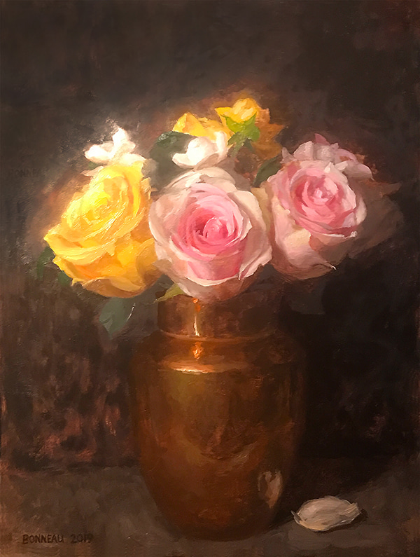 Pink and Yellow Roses in a Brass Pot by Andrew Bonneau | Lethbridge Gallery