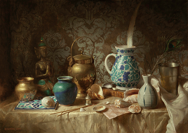 Still Life with Blue Ceramics, Copper Pots and Shells by Andrew Bonneau | Lethbridge Gallery