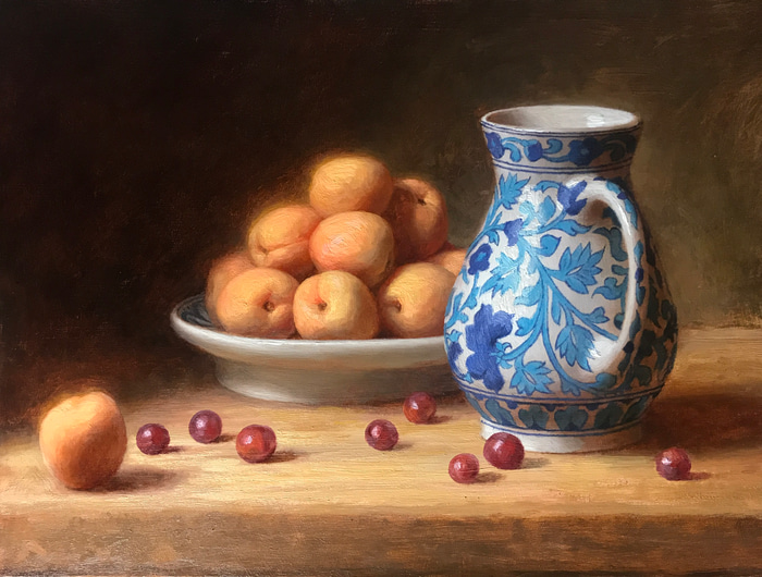 Still life with Jaipur jug, apricots and grapes by Andrew Bonneau | Lethbridge Gallery