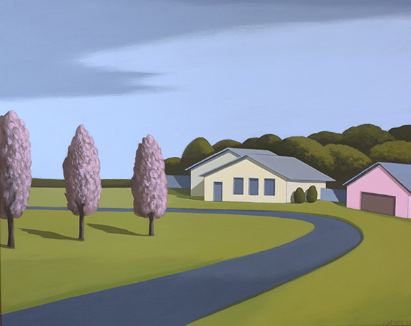 Suburban Corner with Pink Trees by Isabelle Devos | Lethbridge Gallery