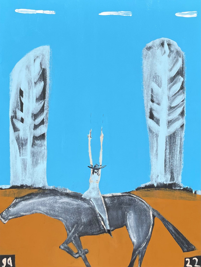 Rider on the range, blue trees by Gary Abkin | Lethbridge Gallery