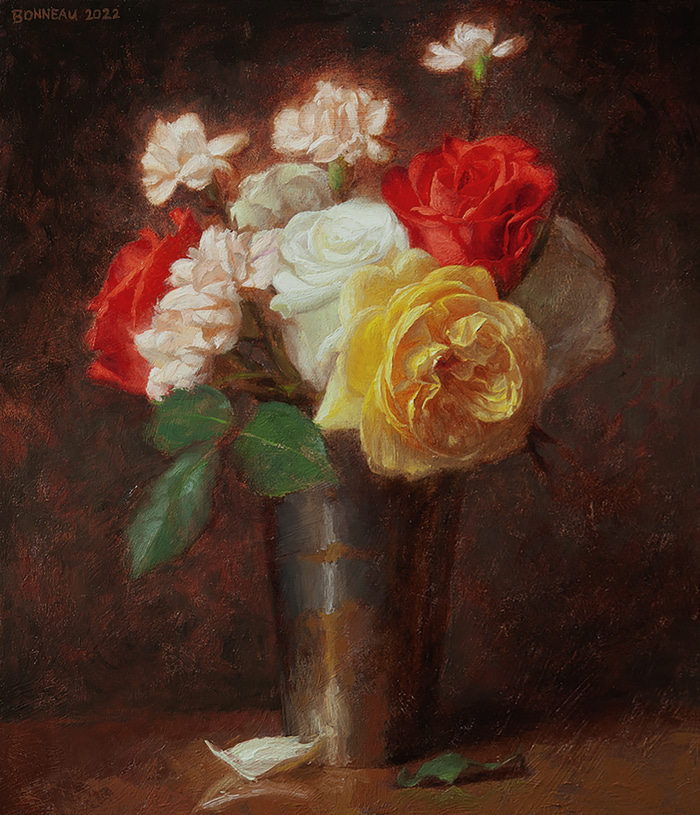 White, red, pink and yellow flowers in brass cup by Andrew Bonneau | Lethbridge Gallery