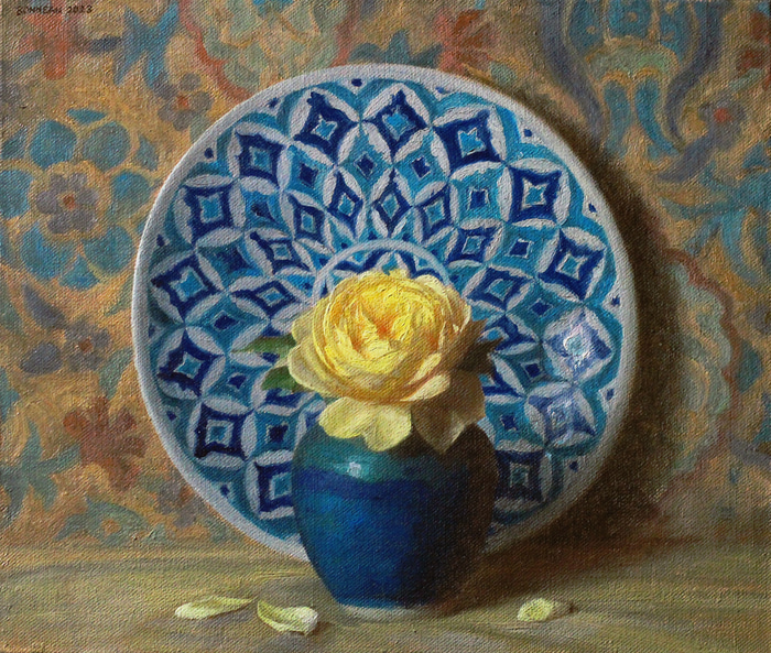 Yellow rose with blue mandala plate by Andrew Bonneau | Lethbridge Gallery
