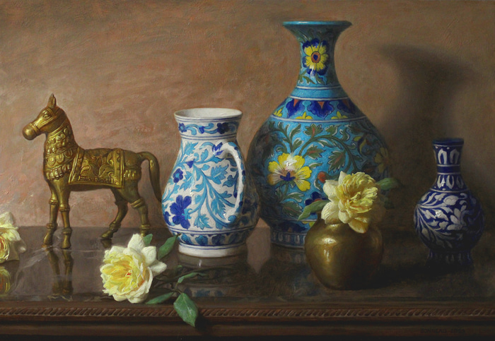 Jaipur pottery with brass horse and roses by Andrew Bonneau | Lethbridge Gallery