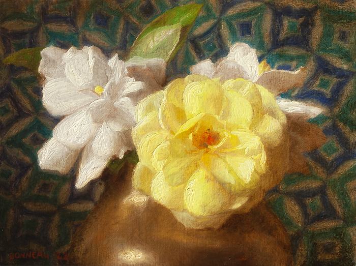 Gardenias and yellow rose with mandala background by Andrew Bonneau | Lethbridge Gallery