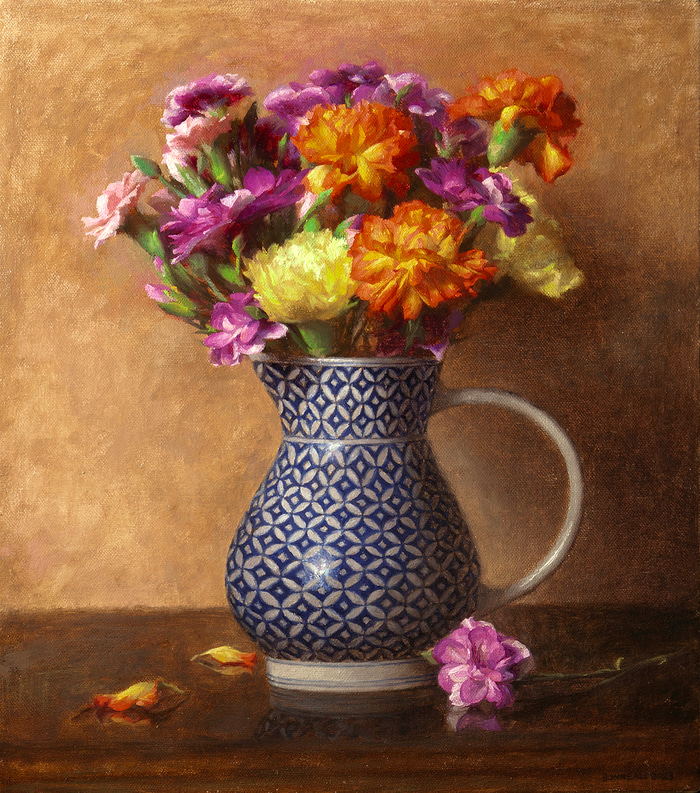 Purple and orange flowers in jaipur jug by Andrew Bonneau | Lethbridge Gallery