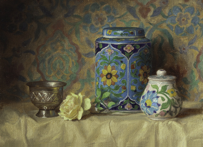 Silver cup and jaipur jug with yellow rose by Andrew Bonneau | Lethbridge Gallery
