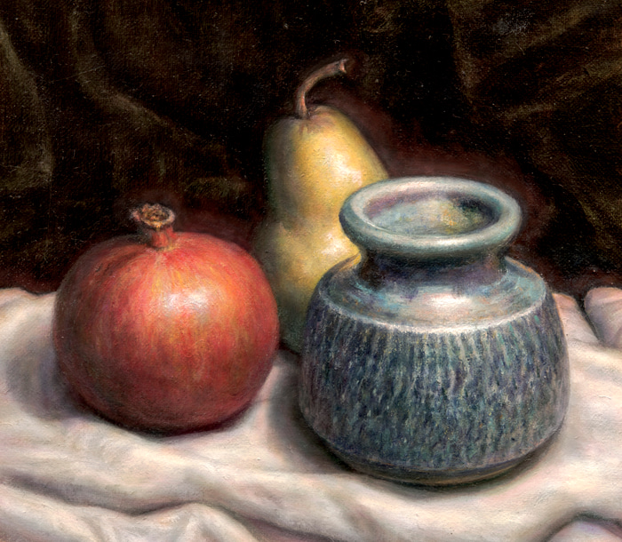 A pot a pear and a pomegranate by Warren Crossett | Lethbridge Gallery