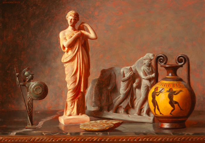 Still Life with Tangara Figure and Amphoriskos by Andrew Bonneau | Lethbridge Gallery