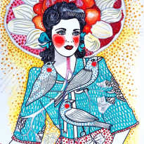 Girl With Dessert Sombrero and Trinity of Birds